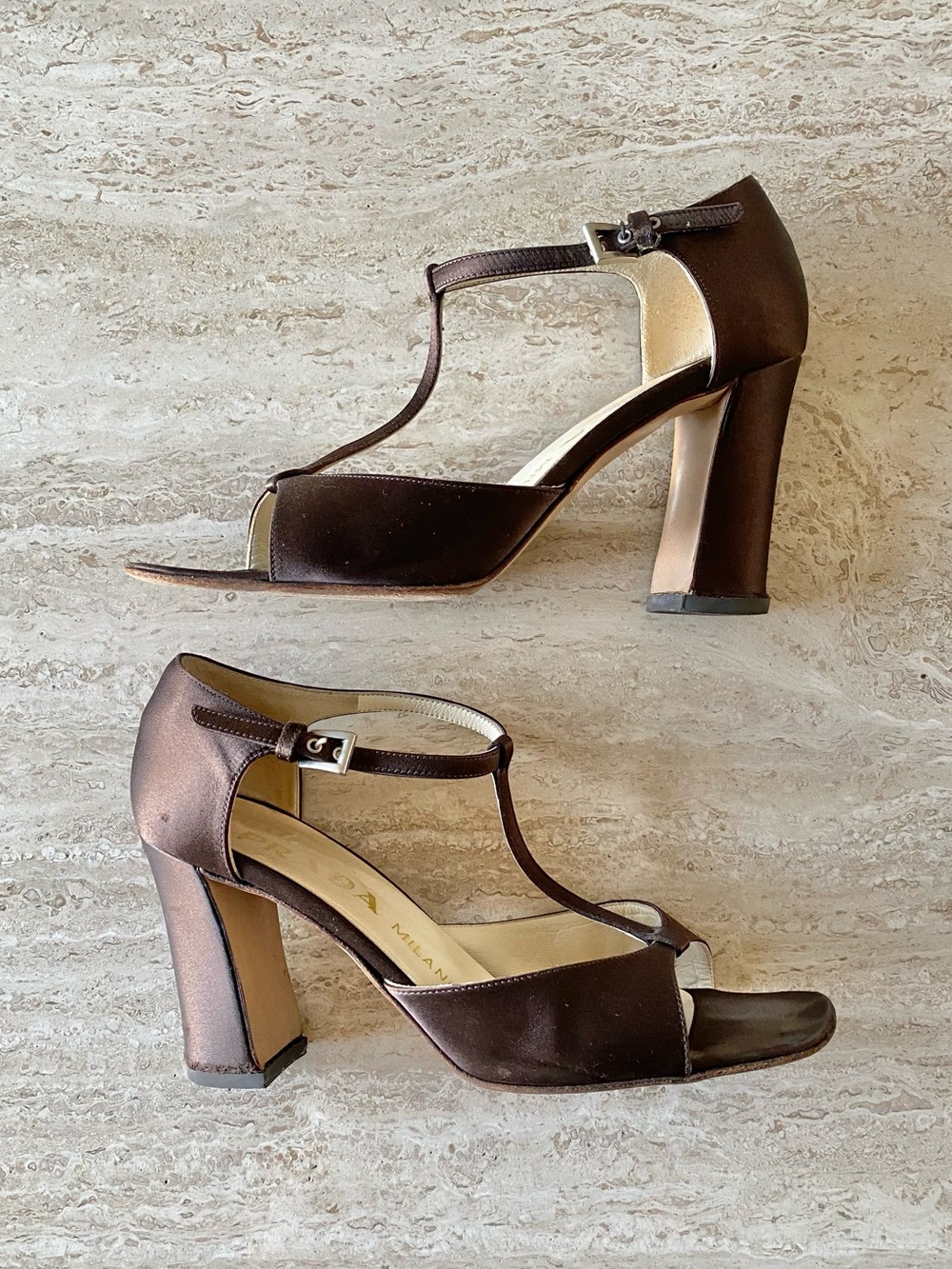 Vintage Prada Satin T-strap Block Heel Sandals - Picture 4 of 9